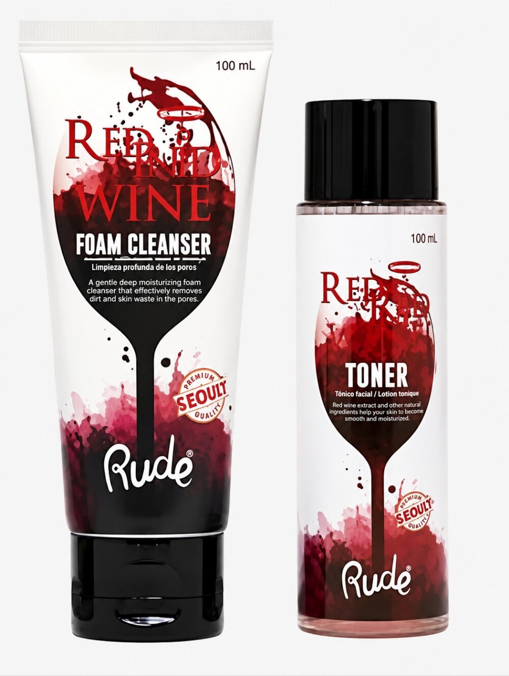 Rude Red Wine Foam Cleanser & Toner K-Beauty Skincare Set NIB 100 ml each